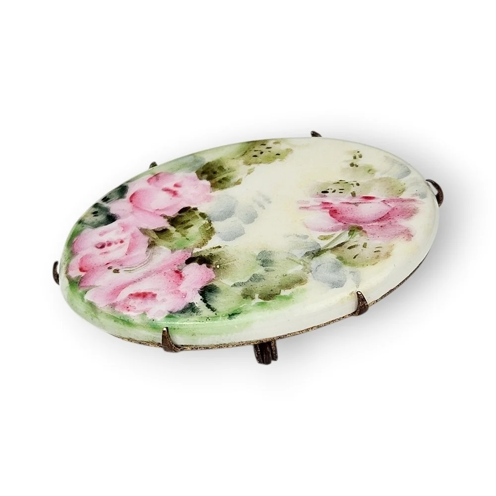 Antique Hand Painted Porcelain Brooch Pink Green Roses Oval 1910s Arts & Crafts